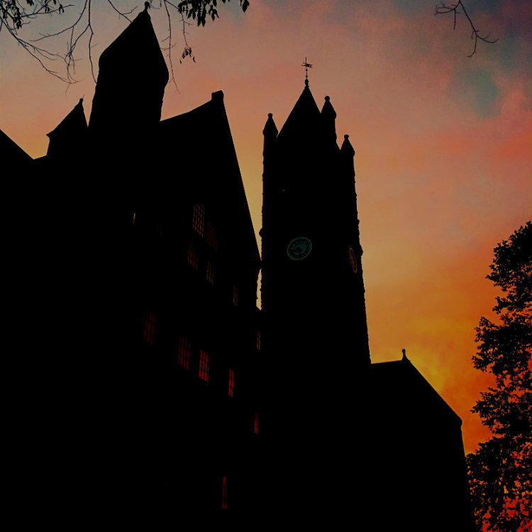 sunset behind Glatfelter Hall.